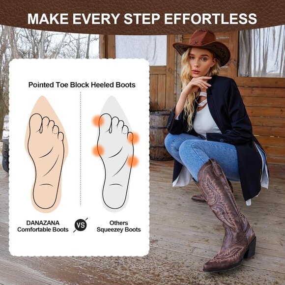 ⚡Women's Dark Brown Wide Calf Cowgirl Boots Embroidered Pointed Toe Half Zip - Picture 4 of 8